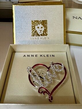 Anne Klein Red Enamel Heart Brooch with Rhinestone "Love" Script